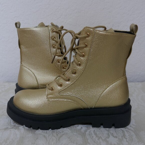 Gold Combat Mid Calf Lace Up Boots Zipper Detail Lug Heels Womens 43/12 - Picture 6 of 12